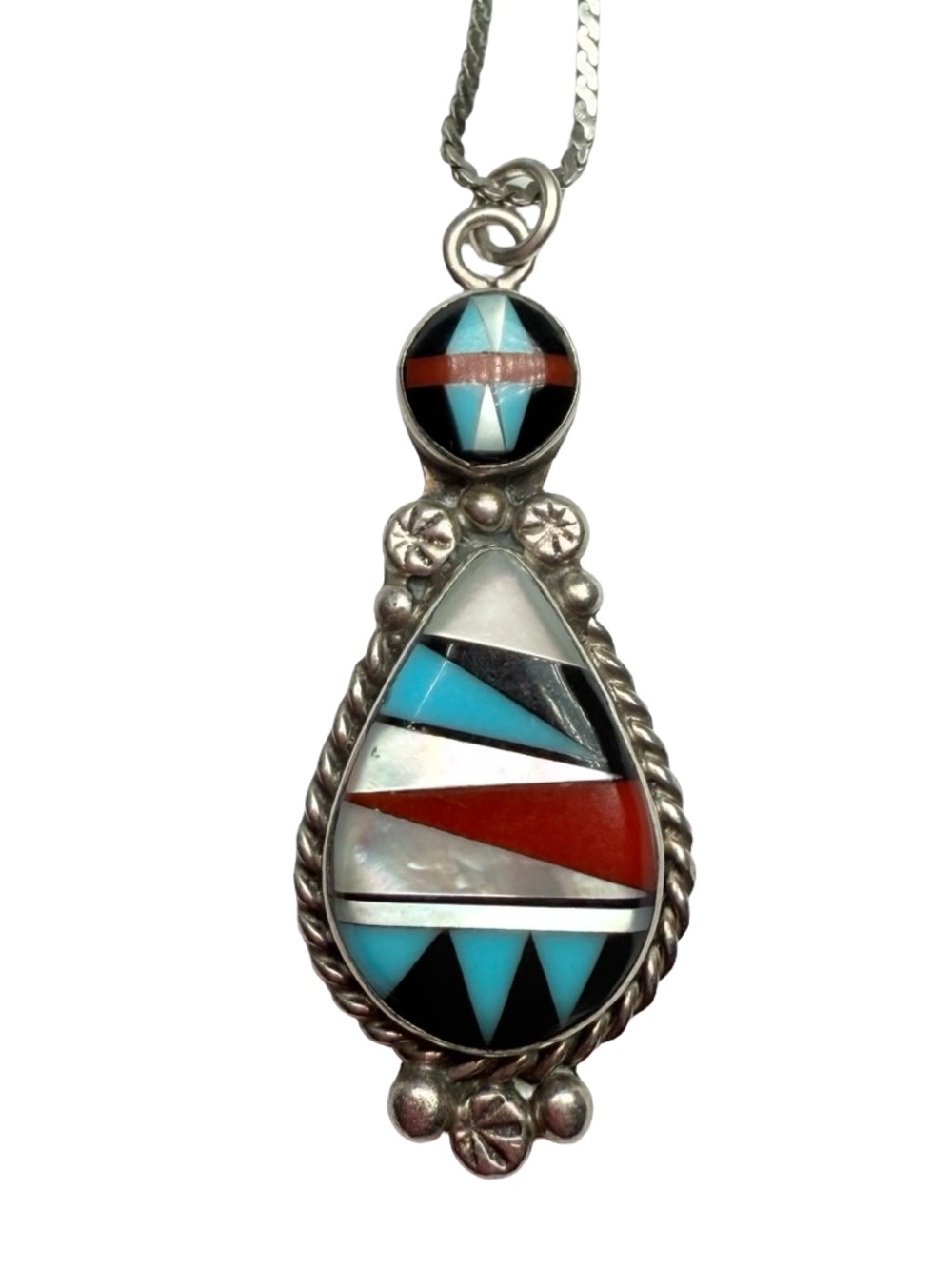 Stunning Vintage Zuni Sterling Silver Multi-Stone Inlay Pendant Necklace!